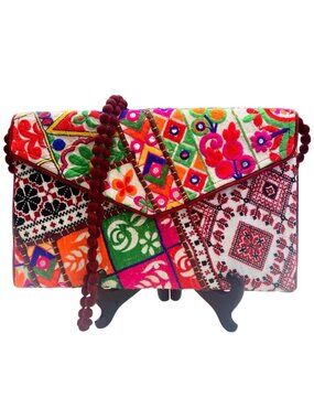 Handmade Multicolor Embroidered Clutch Purse With Beaded Strap Bohemian Ethnic